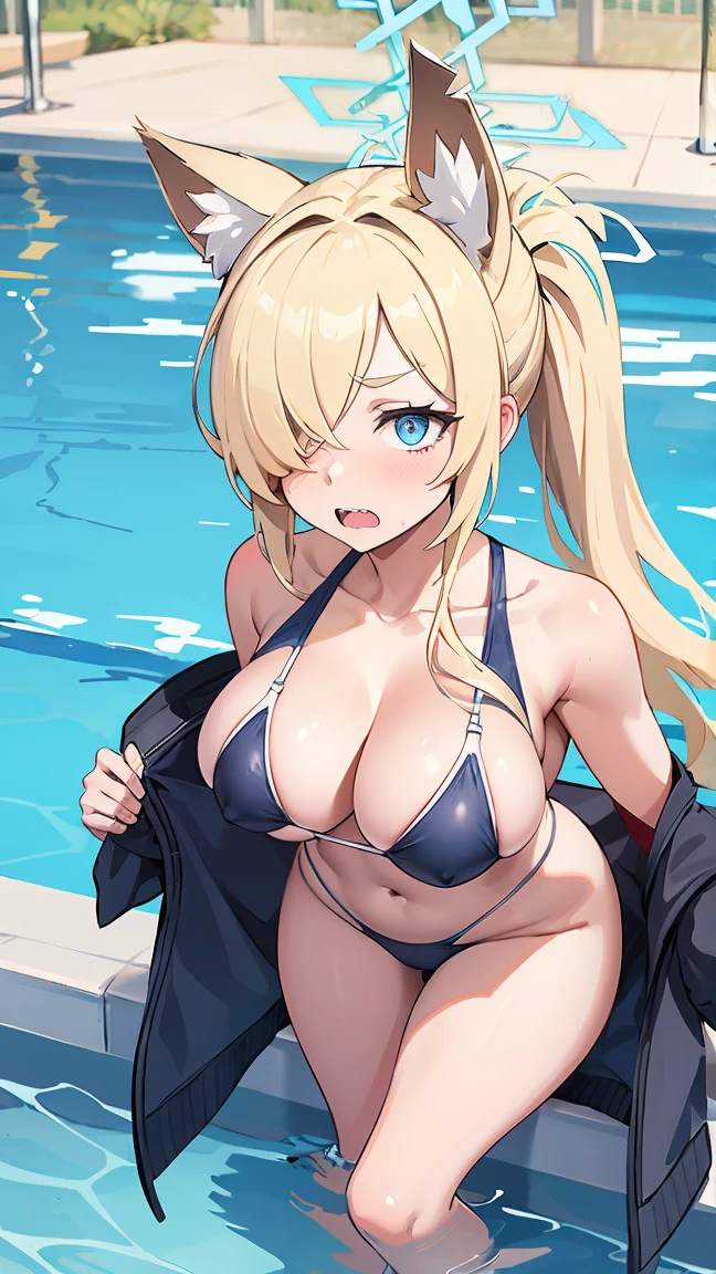 Kanna Ogata(Blue Archive),Blonde ponytail,Grey gap,Wolf Ears,One eye is covered by hair,White competitive swimsuit,Large Breasts,Poolside Background,Circle of angels overhead,Jagged teeth,Embarrassed,