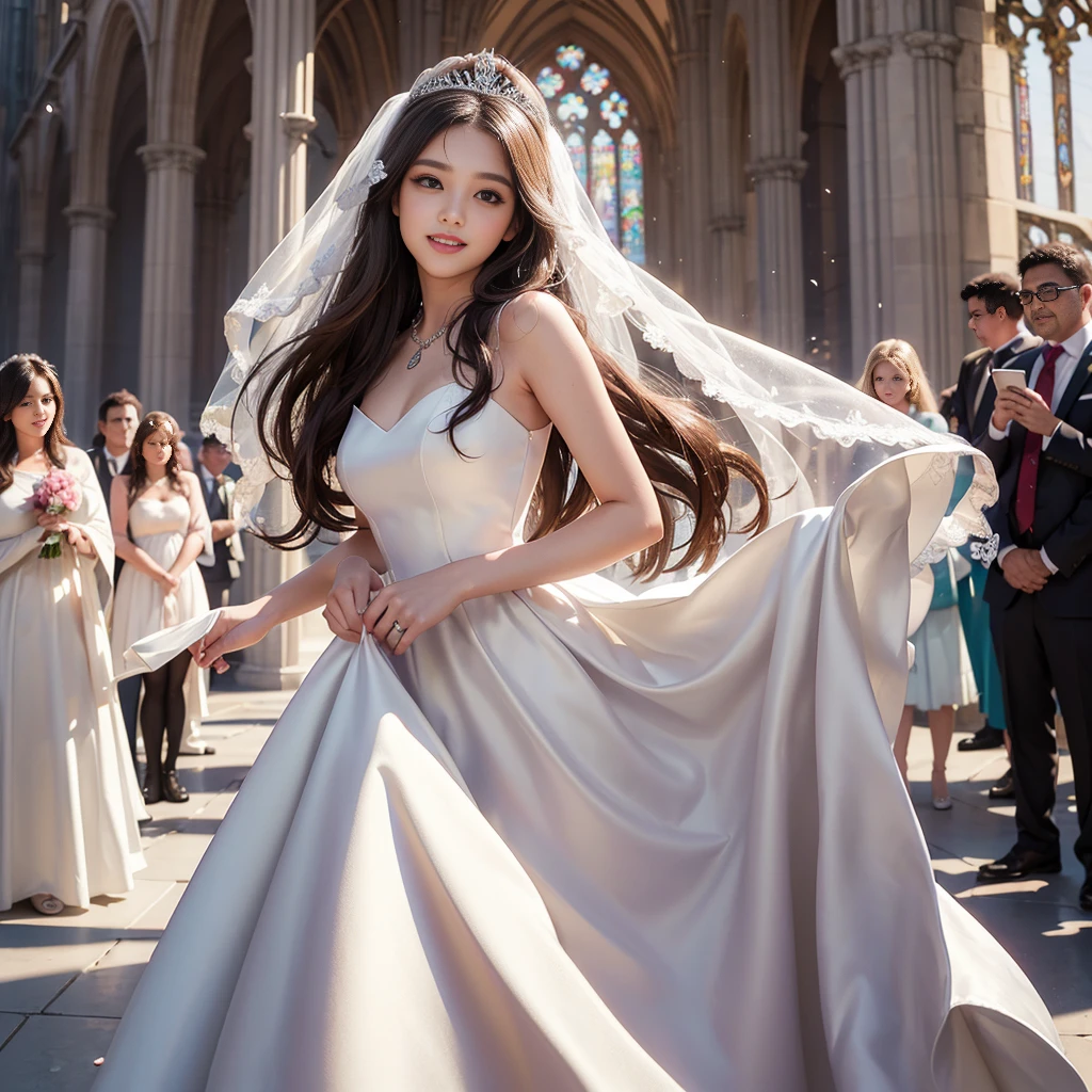 best quality, masterpiece, 1 girl, long hair, huge laugh, cute , shiny lips, sweet, sun glare, Conservative attire, bell-line wedding dress, bridal tiara, depth of field, blurred background, Cathedral Background, light particles, strong wind, head tilt