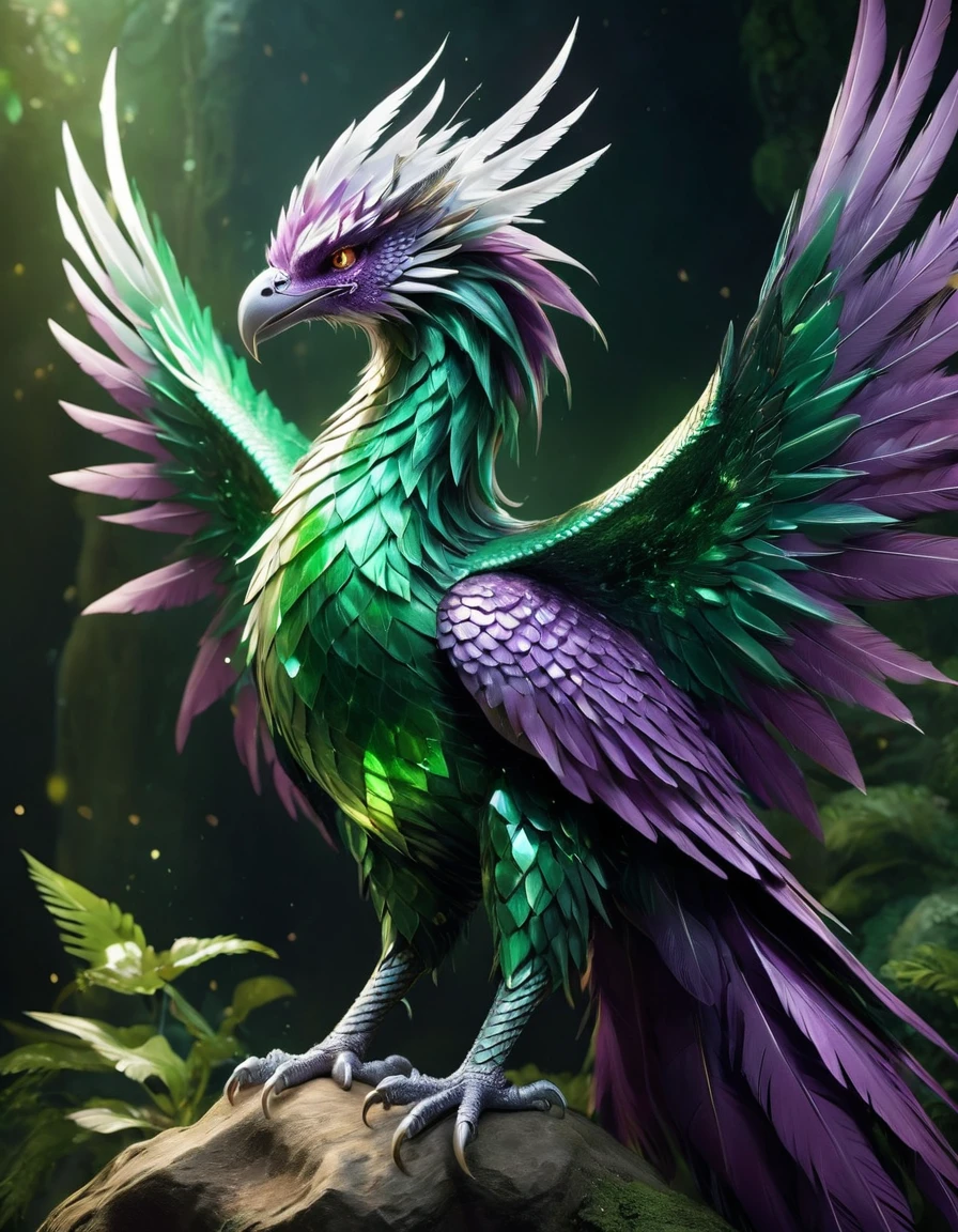 The image shows a fantastic creature that combines characteristics of a bird and a dragon, with a majestic and regal appearance.
### Physical description:
- **head**: The creature has a bird's head, similar to that of an owl, with big eyes and a curved beak. On her head there is a crown of green crystals that gives her an air of royalty..
- **body**: His body is robust and muscular, covered in white feathers with a soft shade of purple. The chest and neck are adorned with green crystal patterns that seem to emerge from her skin.
- **Alas**: It has large feathered wings that extend from its sides, with feathers ranging from white to darker purple at the tips.
- **paws**: The front legs are strong and end in sharp claws., with feathers that partially cover the extremities. The hind legs are also muscular and powerful..
- **cola**: Its tail is long and ends in a series of sharp feathers., similar to those of a bird but with a more draconic touch.
### Additional details:
- **Green Crystals**: The green crystals on his head and chest are not only decorative, They also emit a shine that accentuates their regal appearance.
- **expression**: The creature's expression is serene and proud, showing his status and power.
### General appearance:
The creature has a majestic and elegant appearance, combining elements of a bird and a dragon. Green crystals and purple feathers add a touch of fantasy and royalty, making it look like a guardian or a noble creature from a magical world.