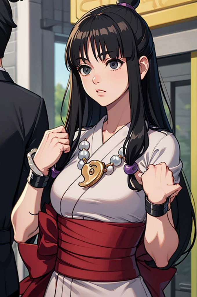 maya fey, half updo, hair ornament, japanese clothes, kimono, sash, necklace, magatama
masterpiece, best quality, extremely detailed,high definition restrained,police,arrest,restrained,shackles,(((handcuffs, cuffs, upper body, handcuff, bound wrists))),masterpiece, best quality,maya fey handcuffs behind her back,2 policewoman.behind ger bsck position.escort in handcuffed.handcuffed behind back.


