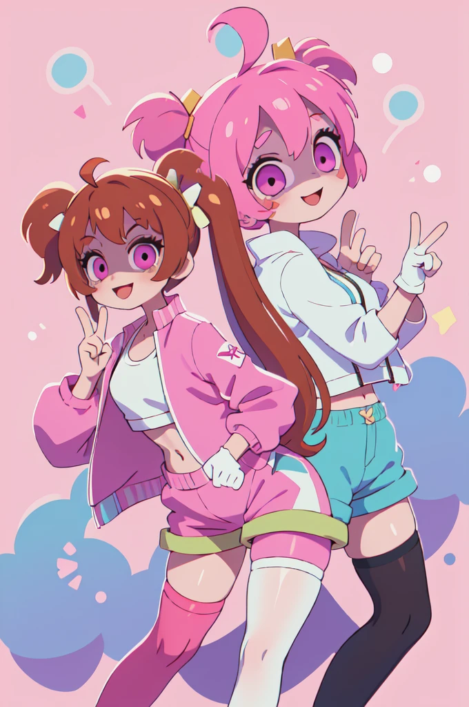 (masterpiece, best quality:1.2) , 2girls, giana sisters, facial mark, shaded face, smile, looking at viewer, peace sign, ahoge, twintails, hair ornament, glowing eyes, open clothes, jacket, sports bra, pink shorts, single thighhigh, pink gloves 