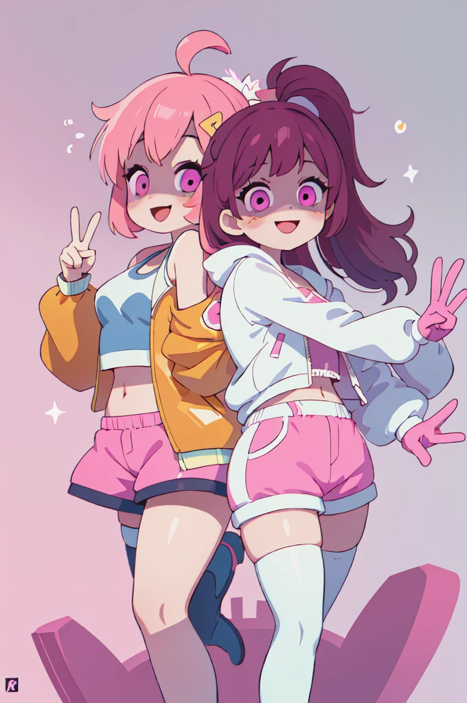 (masterpiece, best quality:1.2) , 2girls, giana sisters, facial mark, shaded face, smile, looking at viewer, peace sign, ahoge, twintails, hair ornament, glowing eyes, open clothes, jacket, sports bra, pink shorts, single thighhigh, pink gloves 