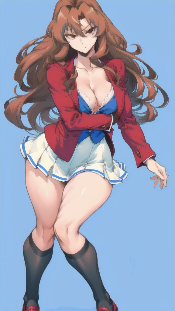 Full body image of Taiga Aisaka from Toradora!, full body in image, wearing her original  (red blazer, white blouse, blue skirt, and black stockings), long wavy brown hair, female body,  and slender body, dynamic pose, detailed pose, simple background, expressive face showing determination, focus on face, line art, sketch