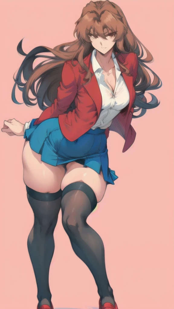 Full body image of Taiga Aisaka from Toradora!, full body in image, wearing her original  (red blazer, white blouse, blue skirt, and black stockings), long wavy brown hair, female body,  and slender body, dynamic pose, detailed pose, simple background, expressive face showing determination, focus on face, line art, sketch