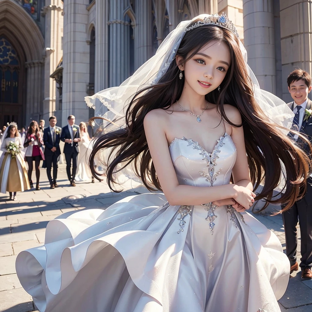 best quality, masterpiece, 1 girl, long hair, huge laugh, cute teen, shiny lips, sweet, sun glare, Conservative attire, bell-line wedding dress, bridal tiara, depth of field, blurred background, Cathedral Background, light particles, strong wind, head tilt
