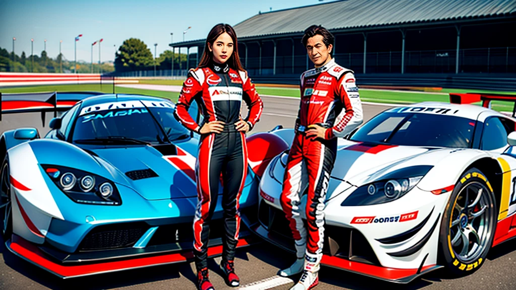sports car、Old cars、Japanese、Two very different drivers、Racing Suits、Stand next to the car、Circuit、Photorealistic、