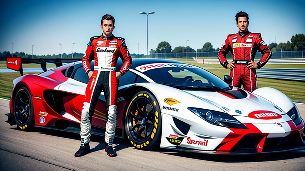 sports car、Old cars、Japanese、Two very different drivers、Racing Suits、Stand next to the car、Circuit、Photorealistic、