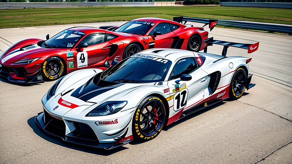 sports car、Old cars、Japanese、Two very different drivers、Racing Suits、Stand next to the car、Circuit、Photorealistic、