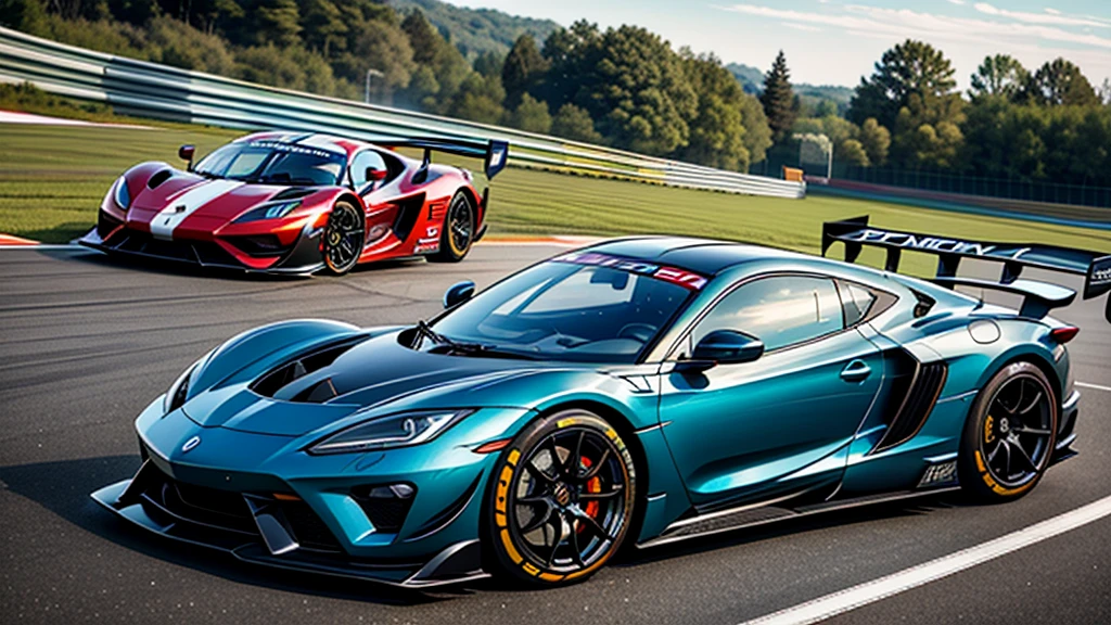 sports car、Old cars、Japanese、Two very different drivers、Racing Suits、Stand next to the car、Circuit、Photorealistic、