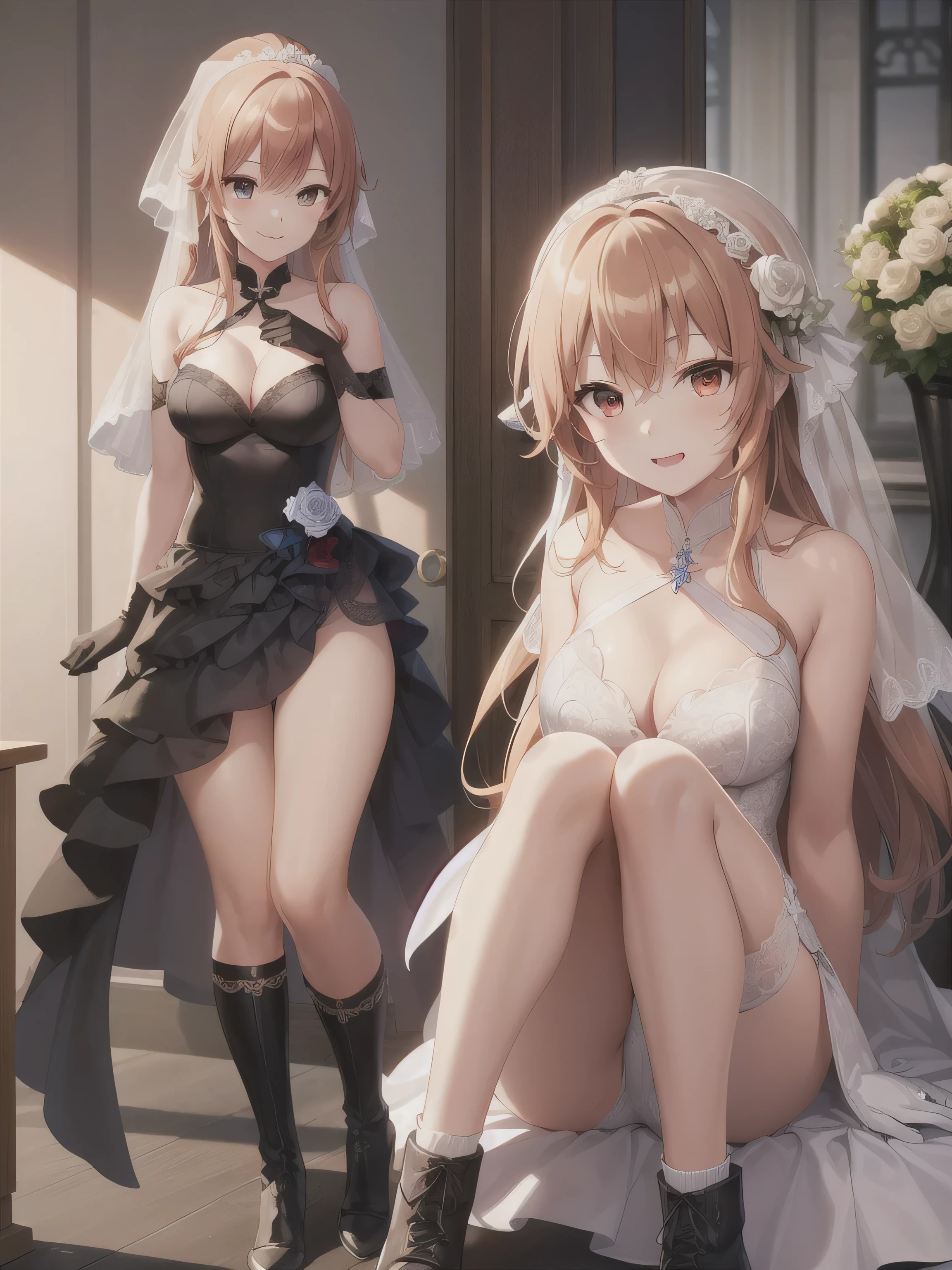 A girl，Long hair, bangs, Orange hair, Hair between the eyes, s eyes:（1.5),  (Medium breasts:1.2), 
rest clavicle, Wedding dress，Veil，wedding，Black dress，Flowers，The skirt is broken，Black socks，Black knee socks，Black gloves，boots，Cleavage，，
Looking at the audience, whole body，Smile Indoors, church，permanent，permanent，Smile，With one eye closed，
rest (masterpiece:1.2), best quality, high resolution,  8k wallpaper, (illustration:0.8), (Beautiful and delicate eyes:1.6), Extremely detailed face, Perfect lighting, Extremely detailed CG, (Perfect hands, Perfect anatomical structure),