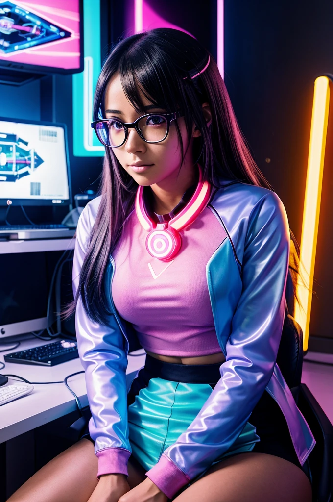 In a world of neon lights and futuristic technology, a age anime character sits at their desk, their glasses reflecting the vibrant energy of the studio around them, looking straight, friendly face, centered in the position, looking into the front camera