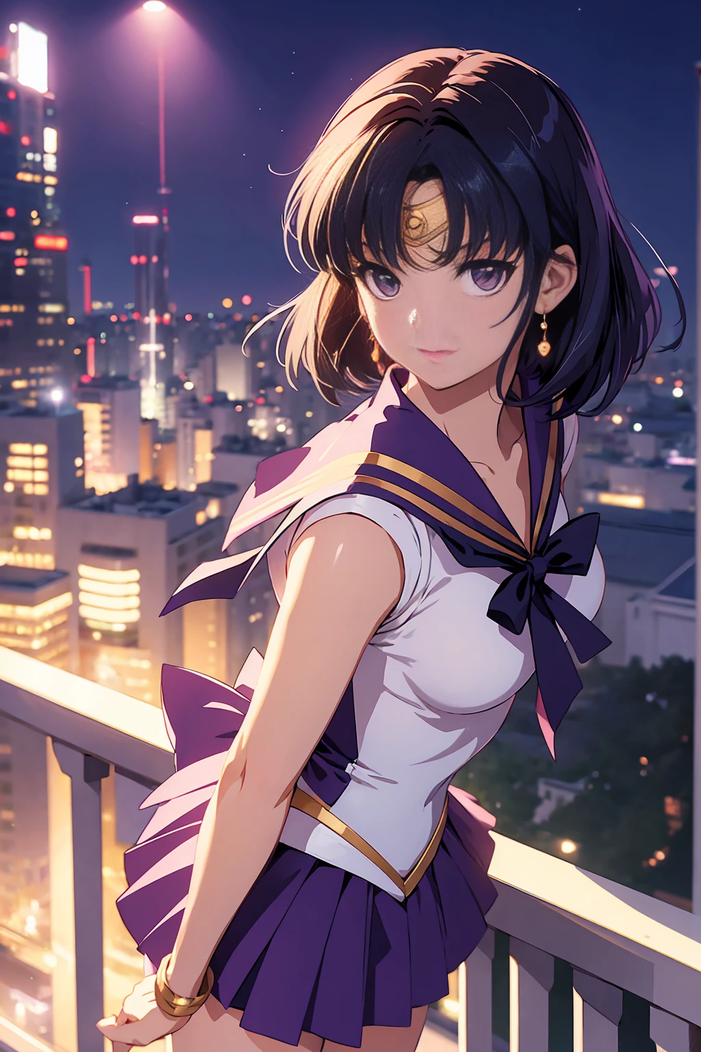 masterpiece, best quality, high resolution, extremely detailed, cinematic lighting, 1girl, looking at viewer, arched back, sailor saturn, tiara, sailor senshi uniform, purple sailor collar, pleated skirt, elbow gloves, jewelry, brooch, choker, purple eyes