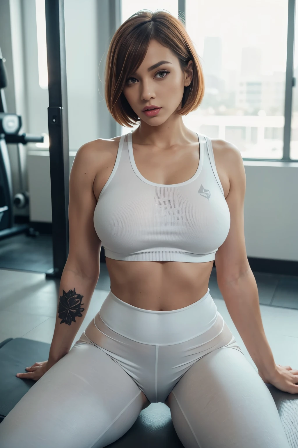 Women, medium bobcut hair, ginger coloured hair, sharp nose brown coloured eyes, big sized breasts, thick sized body, white dress, Grey coloured sport bra, yoga pant, tattoos on arm and shoulder, sneakers, seductive post, striptease, horny face, beauty face, innocent looking, full body, in the gym,