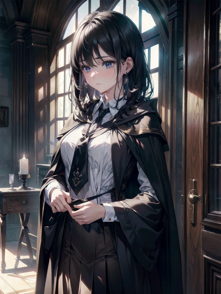 absurdres, RAW photo, extremely delicate and beautiful, masterpiece, Best Quality, ultra high resolution, 32k, hyperrealistic, ultra-detailed, delicate facial features, beautiful detailed woman, tearful mole, earring, medium breasts, full body shot, medium hair, black hair, hogwarts teacher, necktie, cloak,