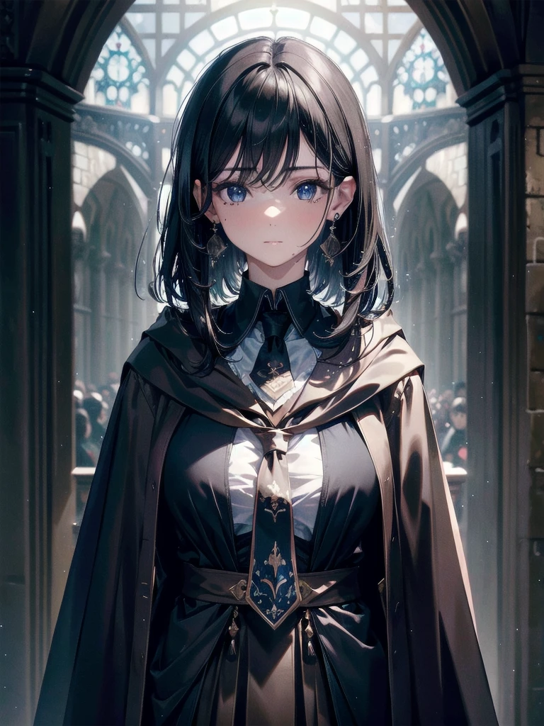 absurdres, RAW photo, extremely delicate and beautiful, masterpiece, Best Quality, ultra high resolution, 32k, hyperrealistic, ultra-detailed, delicate facial features, beautiful detailed woman, tearful mole, earring, medium breasts, full body shot, medium hair, black hair, hogwarts teacher, necktie, cloak,