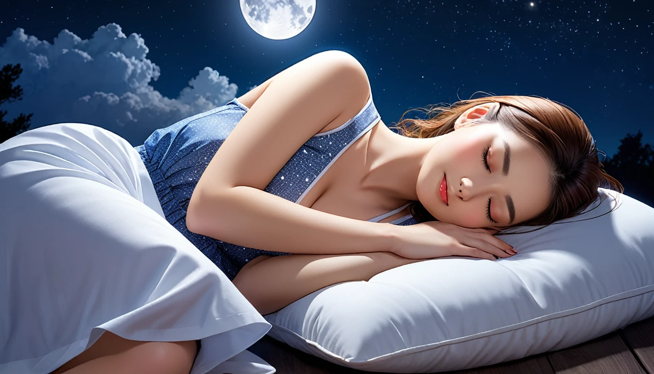 (Highest quality),Beautiful woman sleeping on a pillow ,a working woman,Night Sky, star, full moon