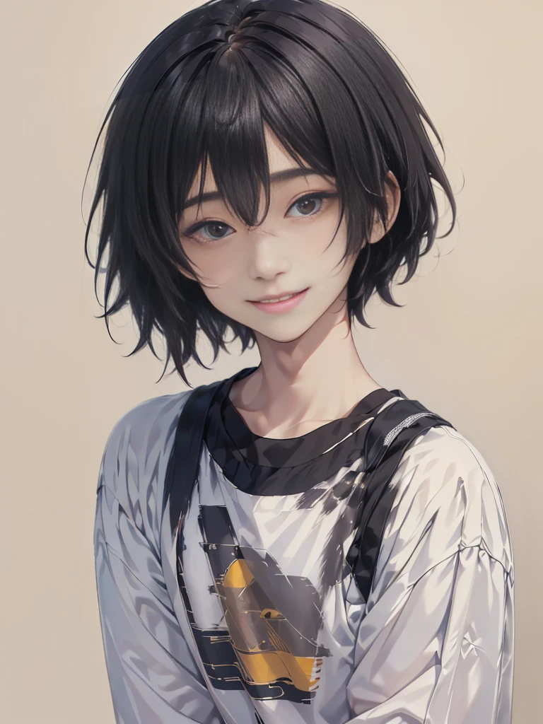 (((Masterpiece))), (high quality), one Japanese boy, 18 years old,(tall and thin,sleepy droopy eyes, long face,thin cheeks:1.5),(black shaggy short hair,blank expression,smile:1.5),(Plain background:1.5),