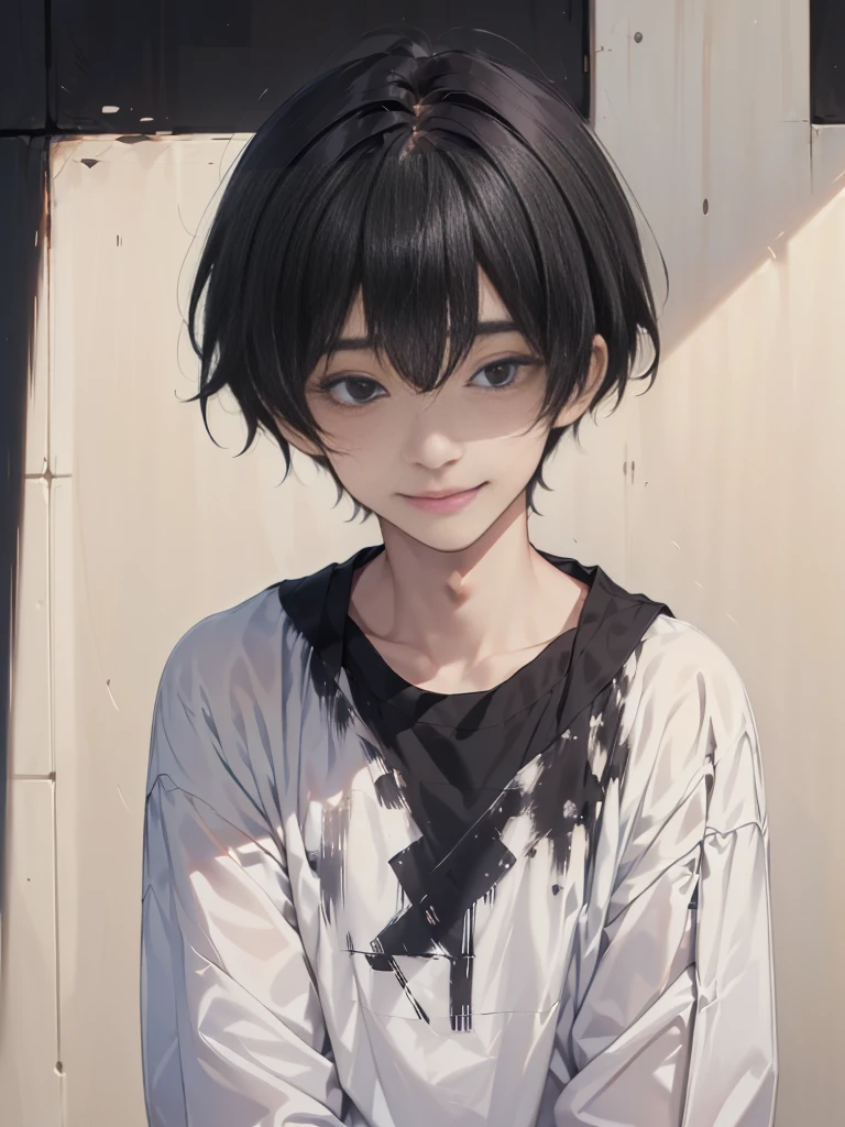 (((Masterpiece))), (high quality), one Japanese boy, 18 years old,(tall and thin,sleepy droopy eyes, long face,thin cheeks:1.5),(black shaggy short hair,blank expression,smile:1.5),(Plain background:1.5),
