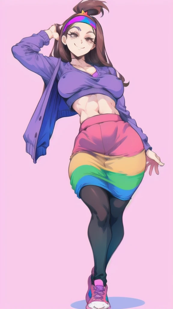 Full body image of Mabel Pines from Gravity Falls, full body in image, wearing her original outfit (sweater with a rainbow star, purple skirt, and headband), long brown hair, female body, youthful and energetic body, dynamic pose, detailed pose, simple background, expressive face showing a cheerful smile, focus on face, line art, sketch