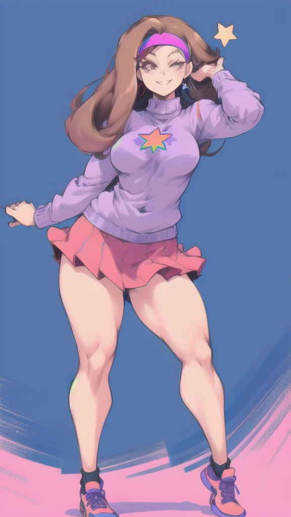 Full body image of Mabel Pines from Gravity Falls, full body in image, wearing her original outfit (sweater with a rainbow star, purple skirt, and headband), long brown hair, female body, youthful and energetic body, dynamic pose, detailed pose, simple background, expressive face showing a cheerful smile, focus on face, line art, sketch