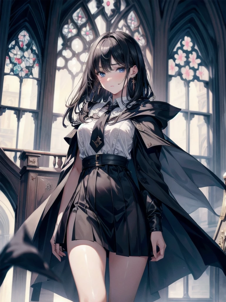 absurdres, RAW photo, extremely delicate and beautiful, masterpiece, Best Quality, ultra high resolution, 32k, hyperrealistic, ultra-detailed, delicate facial features, beautiful detailed woman, tearful mole, earring, medium breasts, full body shot, medium hair, black hair, hogwarts teacher, necktie, cloak,