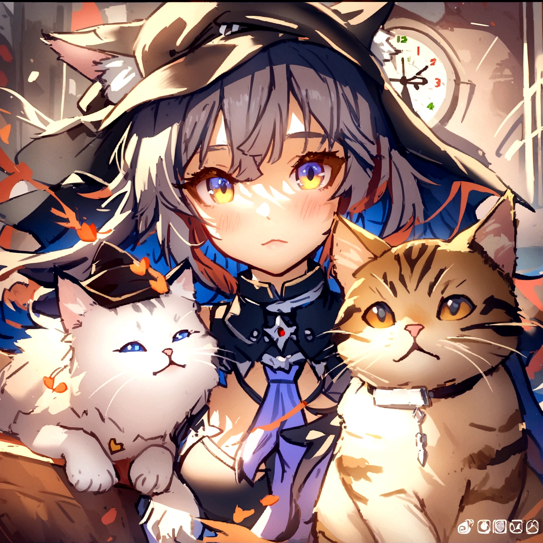 Anime girl with two cats and a clock in the background, Cat ears anime girl, very beautiful anime Cat girl, cute anime Cat girl, everyone, beautiful anime Cat girl, Anime Cat, Cat Witch, anime Cat girl, From Arknights, artstation pixivでトレンド, Cat girl, From Girls Frontline, Zerochan Art, Cat girl