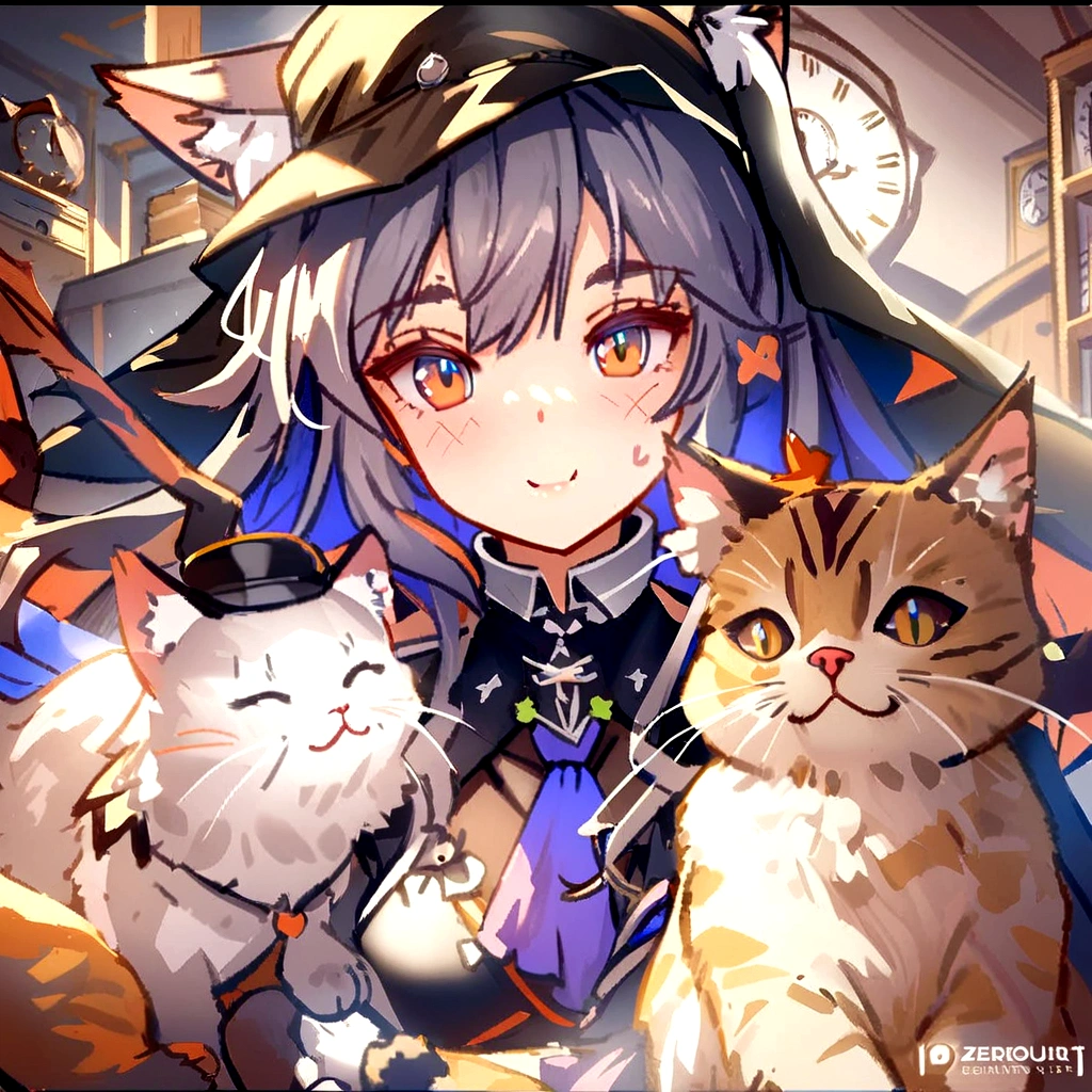 Anime girl with two cats and a clock in the background, Cat ears anime girl, very beautiful anime Cat girl, cute anime Cat girl, everyone, beautiful anime Cat girl, Anime Cat, Cat Witch, anime Cat girl, From Arknights, artstation pixivでトレンド, Cat girl, From Girls Frontline, Zerochan Art, Cat girl
