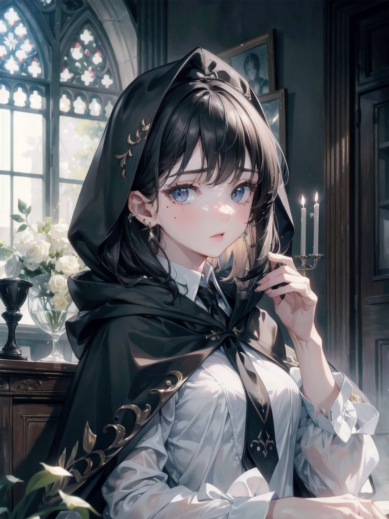 absurdres, RAW photo, extremely delicate and beautiful, masterpiece, Best Quality, ultra high resolution, 32k, hyperrealistic, ultra-detailed, delicate facial features, beautiful detailed woman, tearful mole, earring, medium breasts, full body shot, medium hair, black hair, hogwarts teacher, necktie, cloak, 