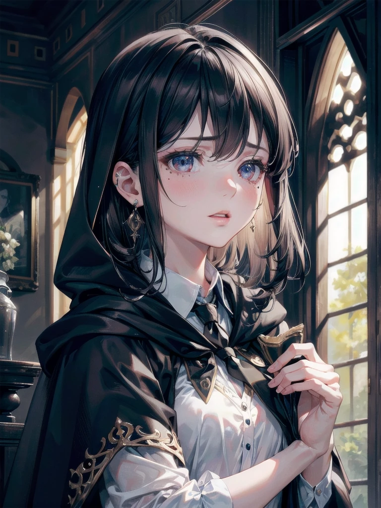 absurdres, RAW photo, extremely delicate and beautiful, masterpiece, Best Quality, ultra high resolution, 32k, hyperrealistic, ultra-detailed, delicate facial features, beautiful detailed woman, tearful mole, earring, medium breasts, full body shot, medium hair, black hair, hogwarts teacher, necktie, cloak, 