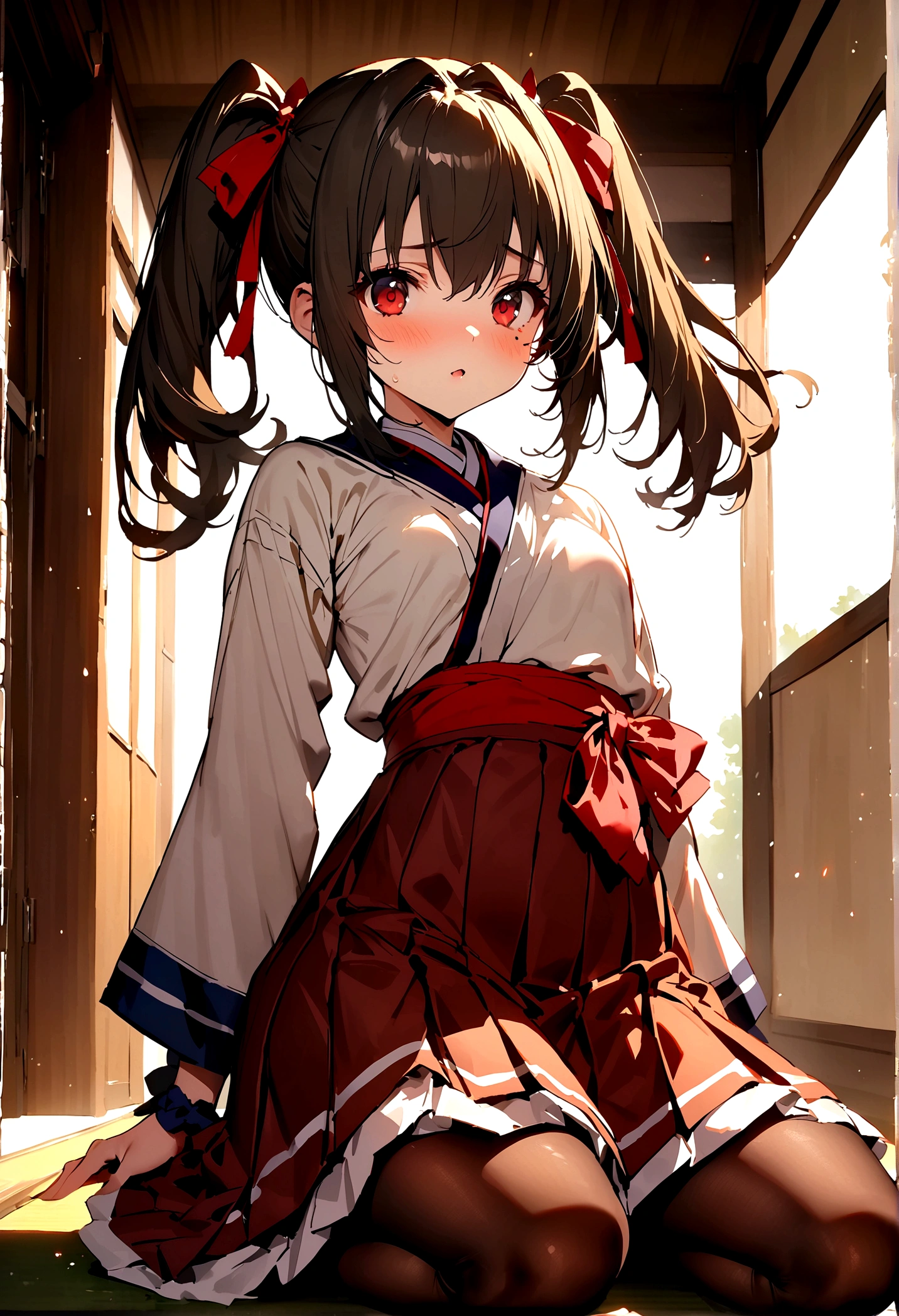 NSFW,masterpiece,Highest quality,High resolution,Super detailed,nekone \(utawarerumono\),Brown Hair、(Red Eye:1.3)、ribbon,Twin tails、ヘアribbon、Mole、目の下のMole,Small breasts,Japanese style,uniform,mini skirt,pantyhose,School