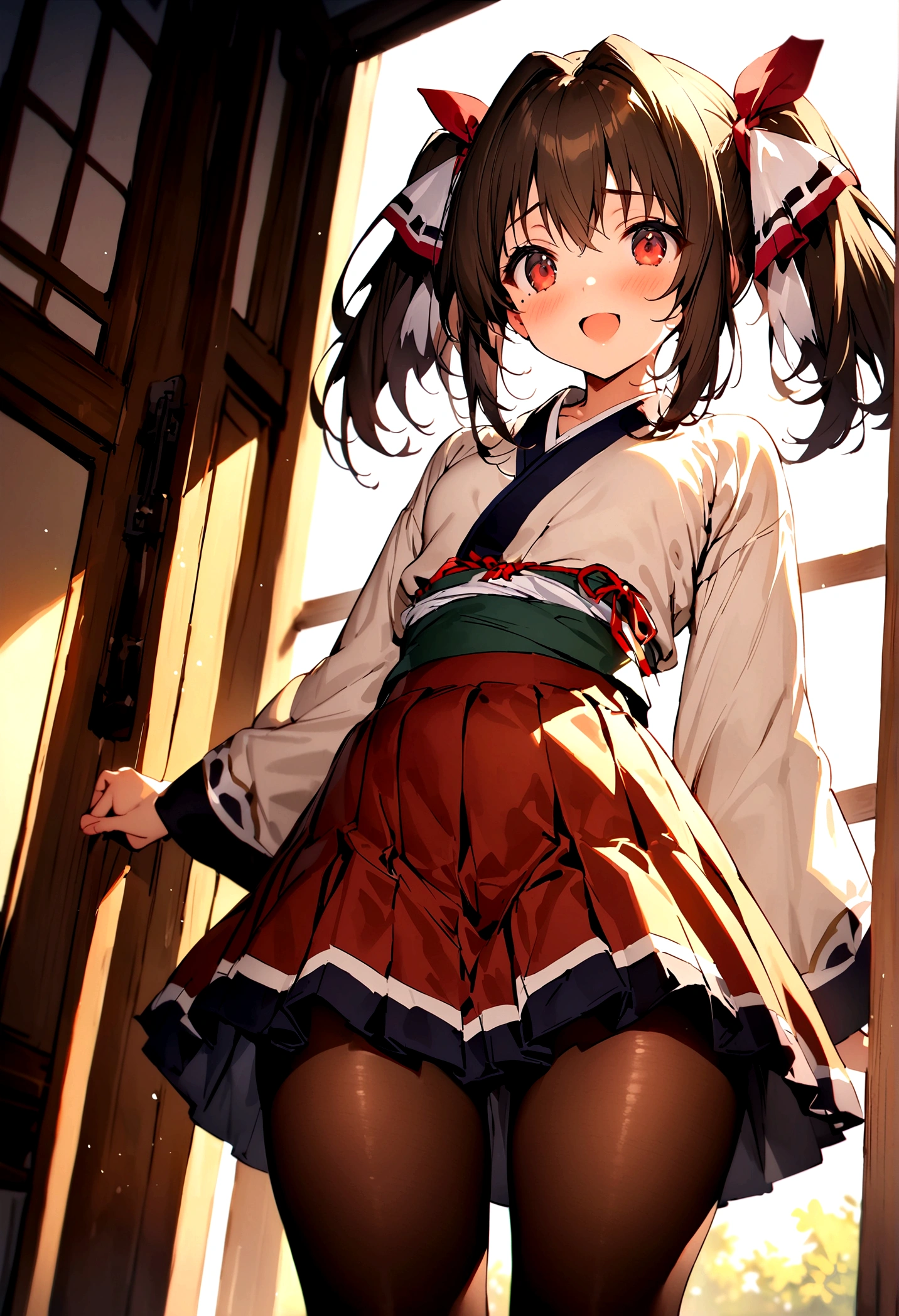 NSFW,masterpiece,Highest quality,High resolution,Super detailed,nekone \(utawarerumono\),Brown Hair、(Red Eye:1.3)、ribbon,Twin tails、ヘアribbon、Mole、目の下のMole,Small breasts,Japanese style,uniform,mini skirt,pantyhose,School