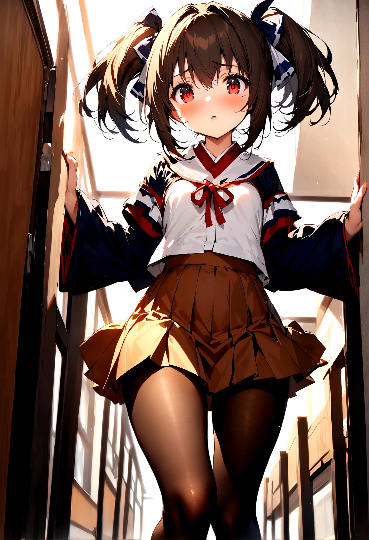 NSFW,masterpiece,Highest quality,High resolution,Super detailed,nekone \(utawarerumono\),Brown Hair、(Red Eye:1.3)、ribbon,Twin tails、ヘアribbon、Mole、目の下のMole,Small breasts,Japanese style,uniform,mini skirt,pantyhose,School