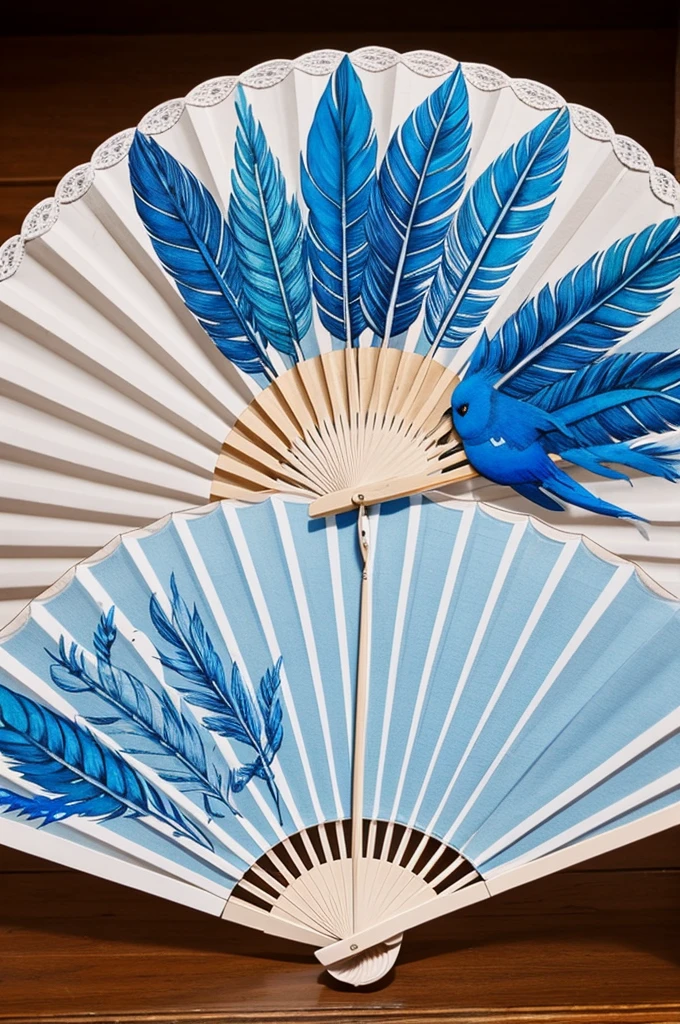 white fan, that has blue-blue feathers painted on it
