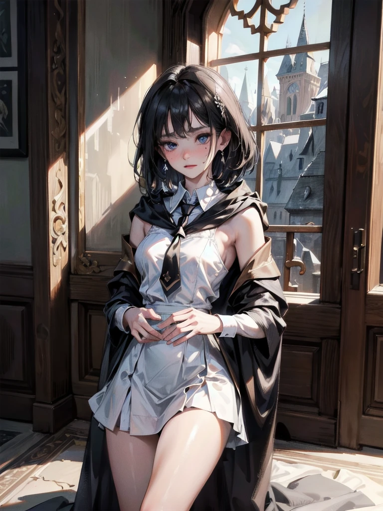 absurdres, RAW photo, extremely delicate and beautiful, masterpiece, Best Quality, ultra high resolution, 32k, hyperrealistic, ultra-detailed, delicate facial features, beautiful detailed woman, tearful mole, earring, medium breasts, full body shot, medium hair, black hair, hogwarts teacher, necktie, cloak, 