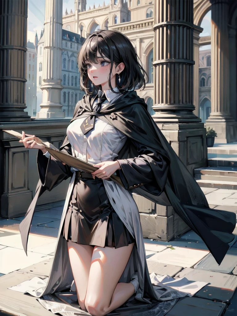 absurdres, RAW photo, extremely delicate and beautiful, masterpiece, Best Quality, ultra high resolution, 32k, hyperrealistic, ultra-detailed, delicate facial features, beautiful detailed woman, tearful mole, earring, medium breasts, full body shot, medium hair, black hair, hogwarts teacher, necktie, cloak, 