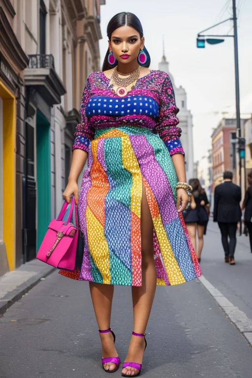 obesity, best quality, masterpiece, Fashion with a piece of fabric that exposes almost the entire upper body, H-shaped skirt that reveals more than 10cm above the knees, High heels that are very flashy and have a heel of more than 7 cm., large, colorful necklace, large and colorful earrings, large and colorful bracelets, Stockings with colorful and unconventional colors and patterns, Underwear with flashy and unconventional colors, patterns and shapes