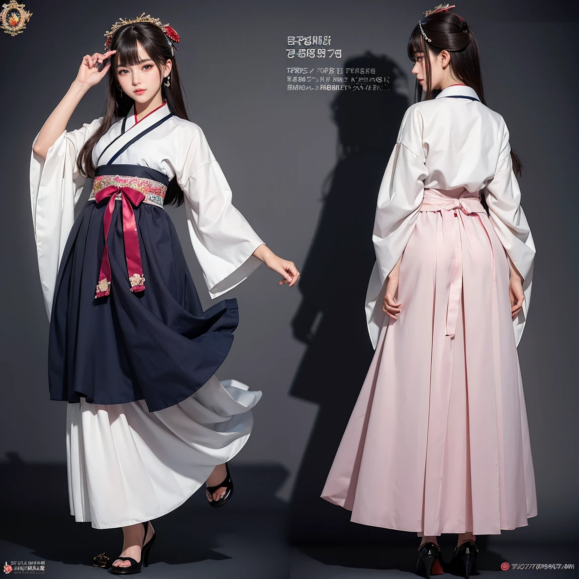 NSFW, (masterpiece, best quality:1.5), ultra detailed, high resolution, 16k, the most beautiful face in the world, perfect face, delicate facial features, highly detailed beautiful face and eyes, shiny skin, highly detailed background, elaborately designed, fine cloth texture, perfect anatomy, BREAK, (gorgeous and stunning teenage girl in hanbok:1.2), perfect make-up, deeply in love, full of elegance, (full body:1.5), (three view drawing, front and back and side, character sheet:1.3)