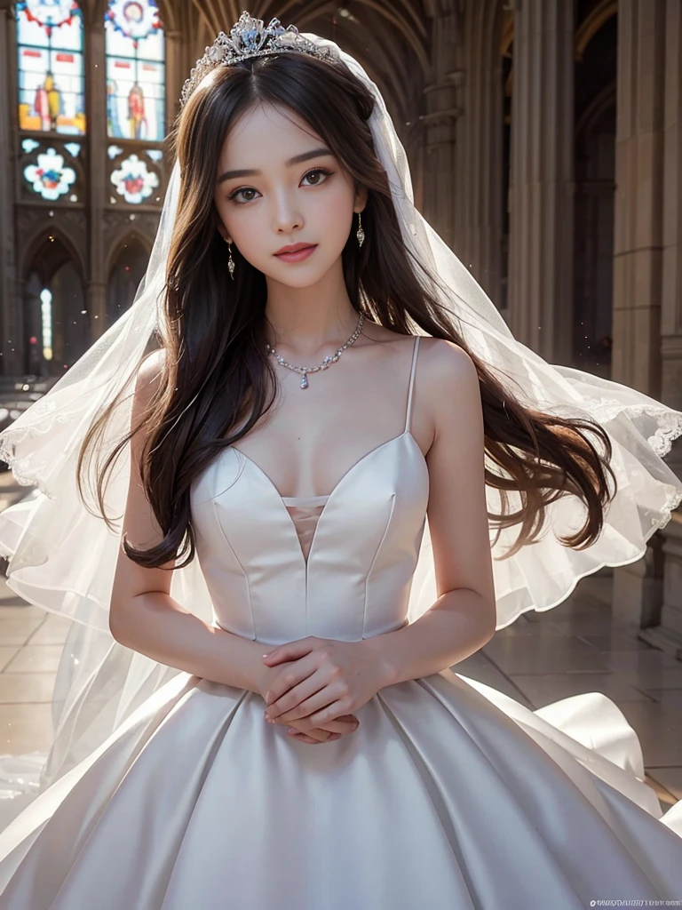 best quality, masterpiece, 1 girl, long hair, huge laugh, cute teen, shiny lips, sweet, sun glare, Conservative attire, bell-line wedding dress, bridal tiara, depth of field, blurred background, Cathedral Background, light particles, strong wind, head tilt