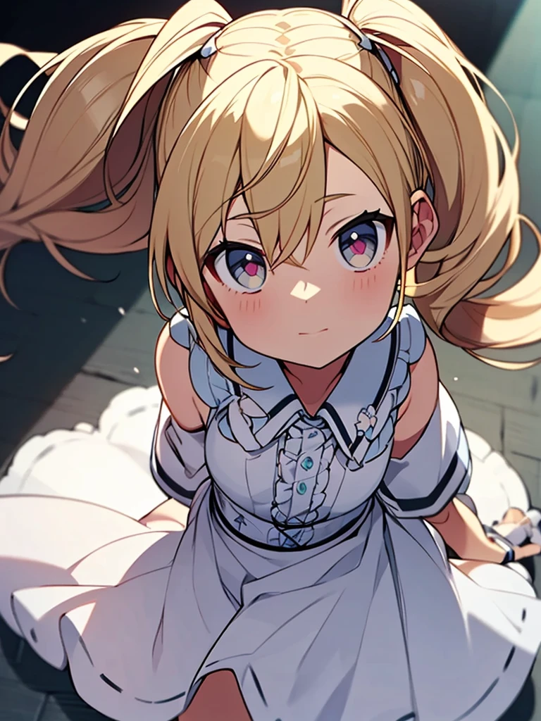 Blonde Twin tails 11 years old White dress anime whole body Coming running