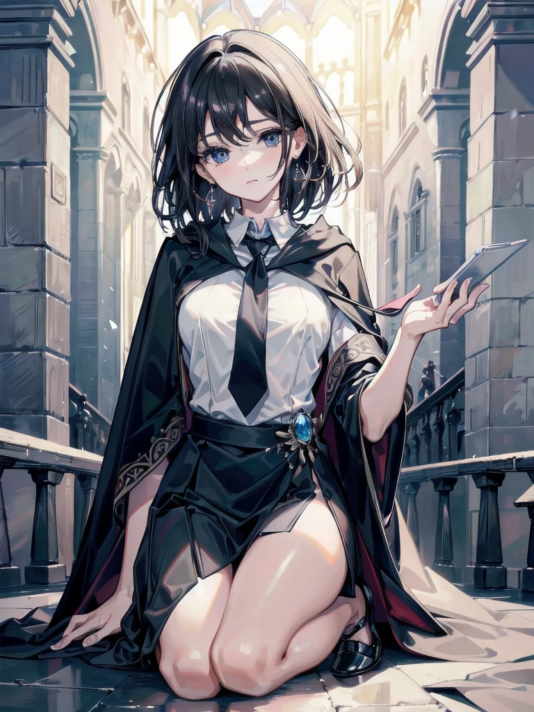 absurdres, RAW photo, extremely delicate and beautiful, masterpiece, Best Quality, ultra high resolution, 32k, hyperrealistic, ultra-detailed, delicate facial features, beautiful detailed woman, tearful mole, earring, medium breasts, full body shot, medium hair, black hair, hogwarts teacher, necktie, cloak,