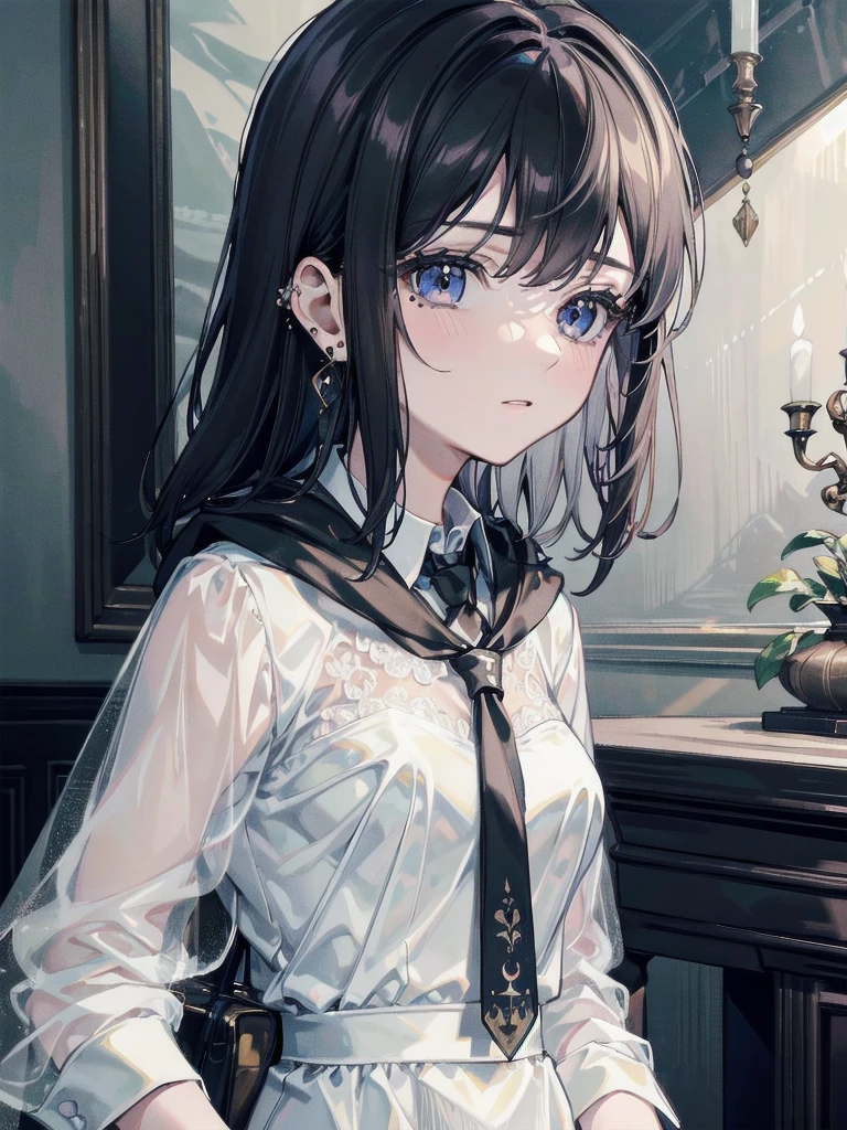 absurdres, RAW photo, extremely delicate and beautiful, masterpiece, Best Quality, ultra high resolution, 32k, hyperrealistic, ultra-detailed, delicate facial features, beautiful detailed woman, tearful mole, earring, medium breasts, full body shot, medium hair, black hair, hogwarts teacher, necktie, cloak,