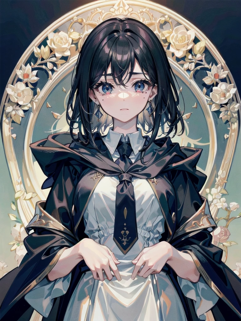 absurdres, RAW photo, extremely delicate and beautiful, masterpiece, Best Quality, ultra high resolution, 32k, hyperrealistic, ultra-detailed, delicate facial features, beautiful detailed woman, tearful mole, earring, medium breasts, full body shot, medium hair, black hair, hogwarts teacher, necktie, cloak, 
