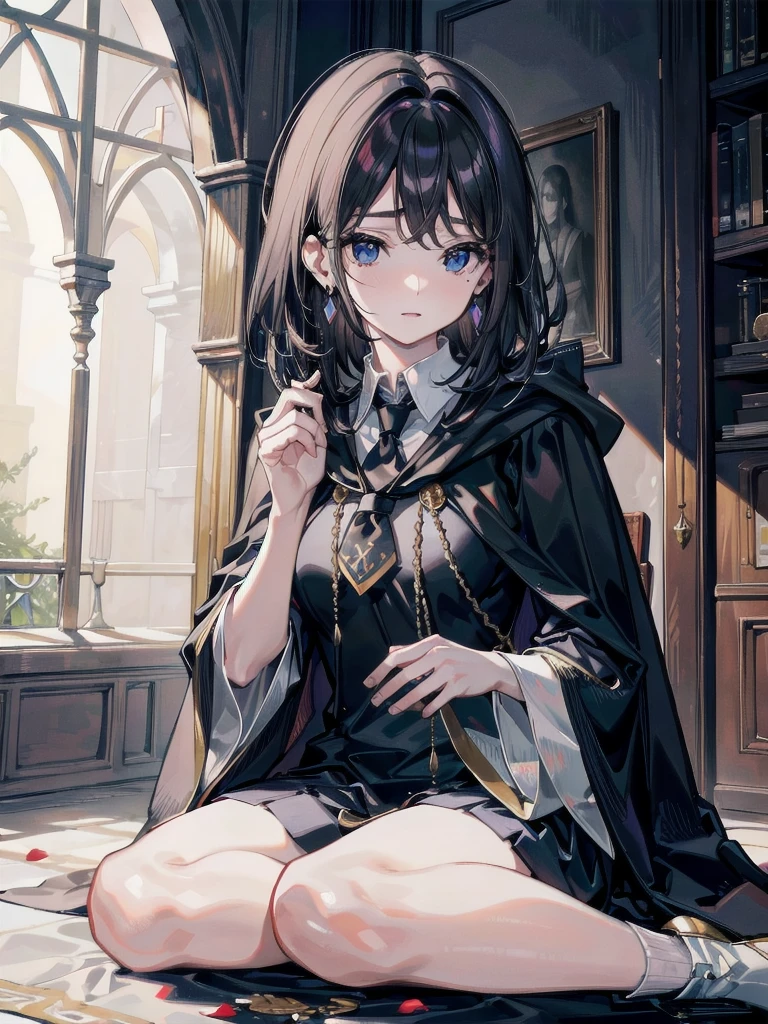 absurdres, RAW photo, extremely delicate and beautiful, masterpiece, Best Quality, ultra high resolution, 32k, hyperrealistic, ultra-detailed, delicate facial features, beautiful detailed woman, tearful mole, earring, medium breasts, full body shot, medium hair, black hair, hogwarts teacher, necktie, cloak,