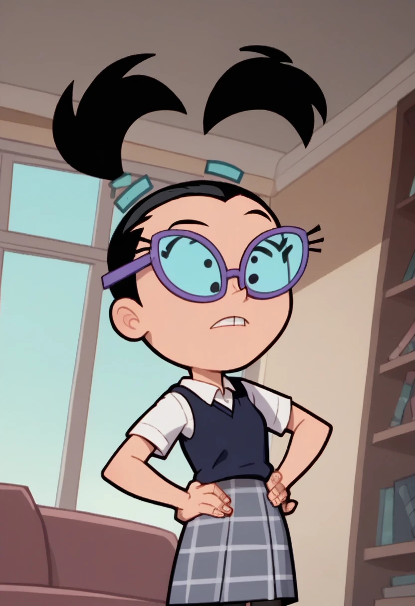 Score_9_up, score_8_up, score_7_up, 1girl, solo, tootie, black hair, twintails, hairband, glasses, school_uniform, hands on hip, living room