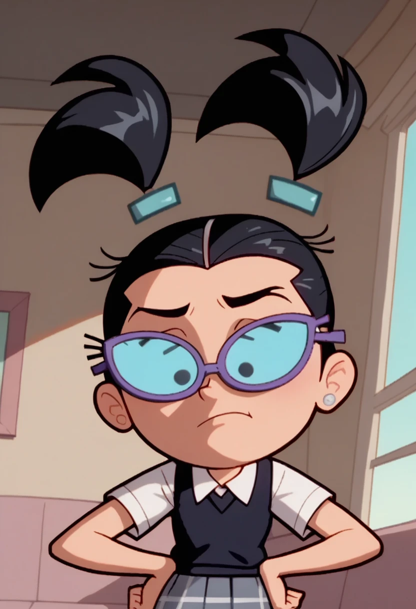 Score_9_up, score_8_up, score_7_up, 1girl, solo, tootie, black hair, twintails, hairband, glasses, school_uniform, hands on hip, living room