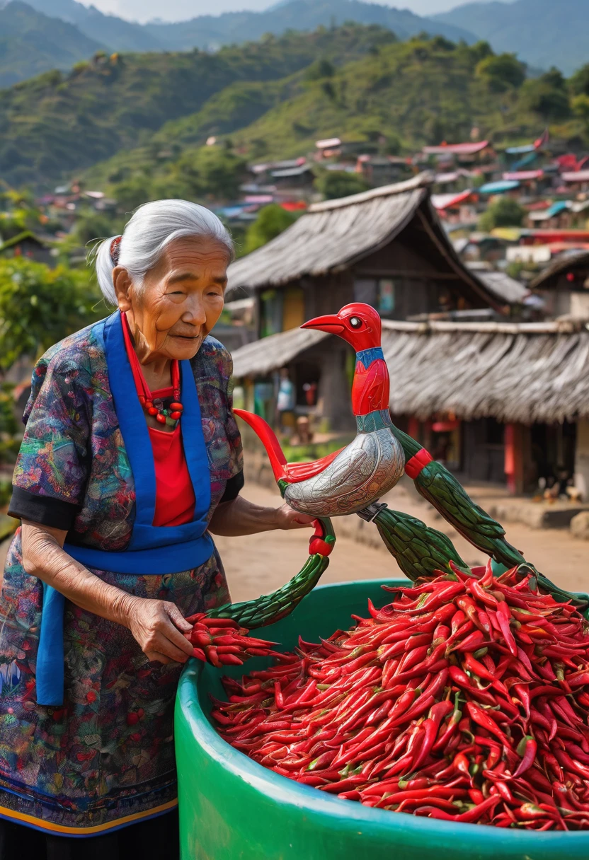 An elderly woman, adorned in traditional attire, carefully places bright red chili peppers on a large, artistic sculpture of a bird. The setting appears to be a rural village, with huts and other villagers visible in the background. The giant bird, entirely covered in chili peppers, adds a whimsical touch to the serene and culturally rich environment.