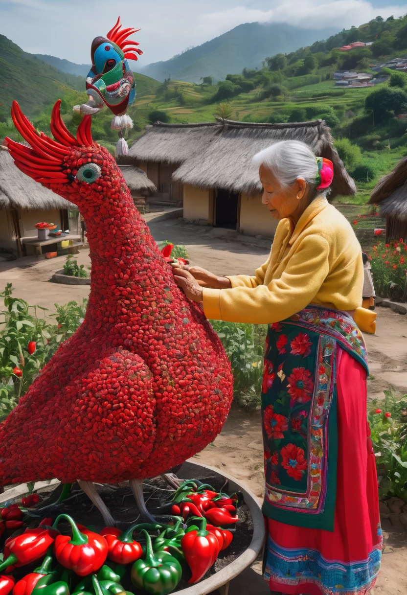 An elderly woman, adorned in traditional attire, carefully places bright red chili peppers on a large, artistic sculpture of a bird. The setting appears to be a rural village, with huts and other villagers visible in the background. The giant bird, entirely covered in chili peppers, adds a whimsical touch to the serene and culturally rich environment.