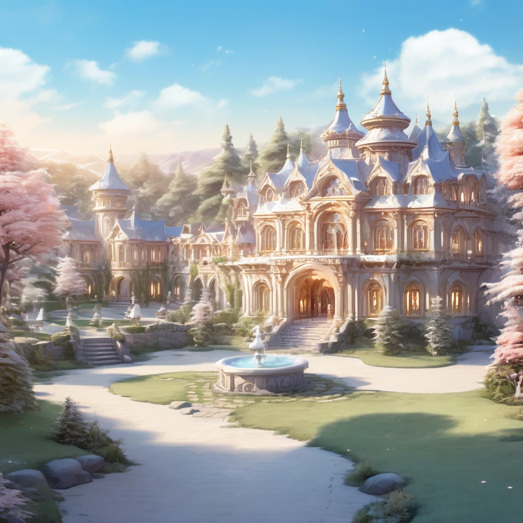 aerial view, medieval fantasy noble mansion, huge mansion, 3 stories high, big front garden, round fountain in the path to the mansion, decorated garden, stables in back garden, maid walking around, gardener working, aristocratic carriage, many windows, manhwa style mansion, manhwa, 2d