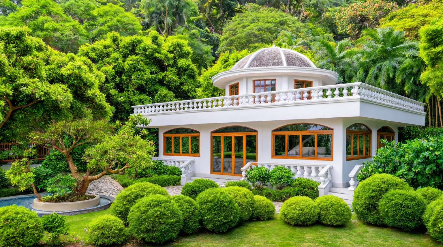 Moderntropicalgardern,aiaigroup, aerial view, outdoors, garden, tree, east asian architecture, rock, stone, flower, daylight,  house,Beautifully designed garden mandarin branches