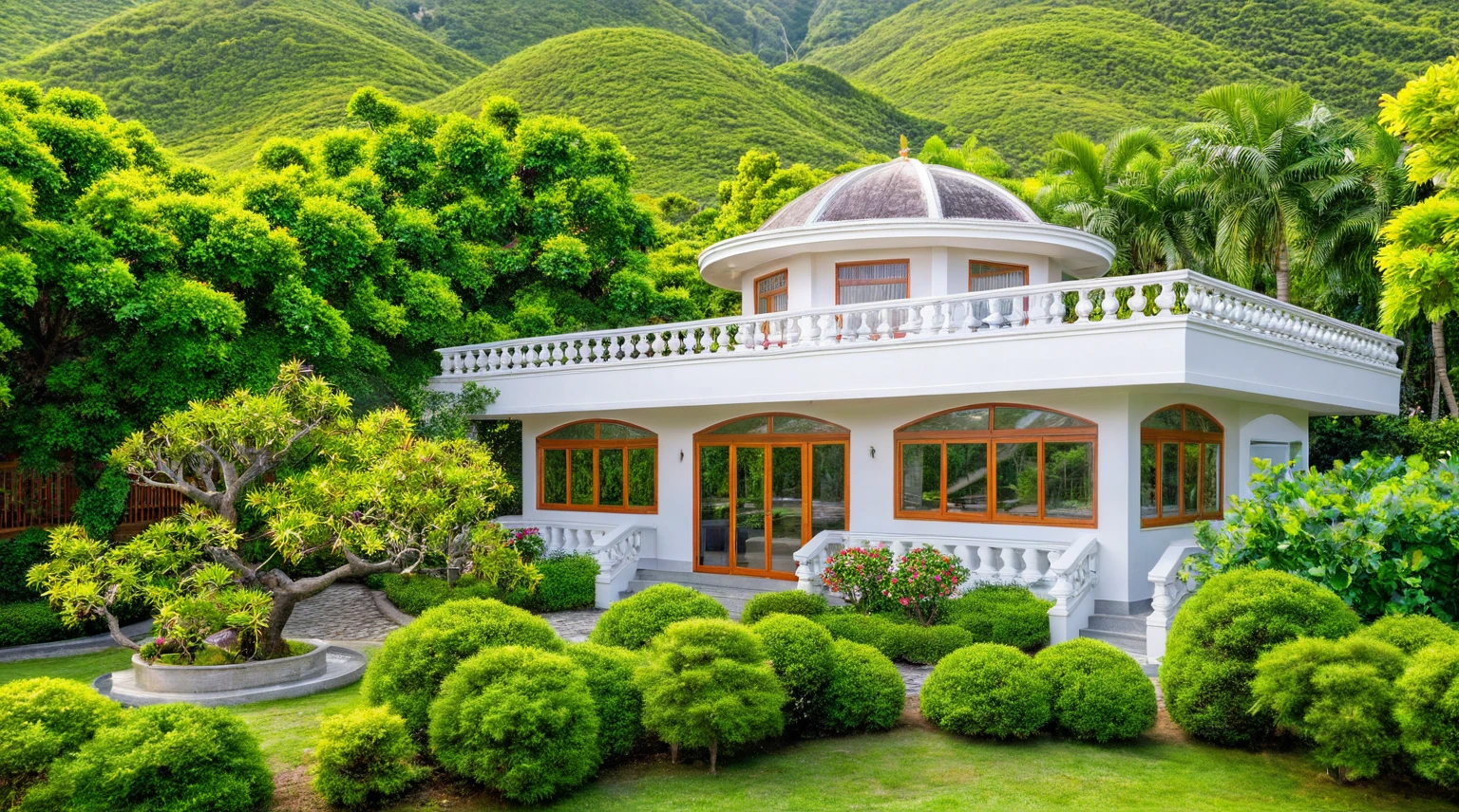 Moderntropicalgardern,aiaigroup, aerial view, outdoors, garden, tree, east asian architecture, rock, stone, flower, daylight,  house,Beautifully designed garden mandarin branches